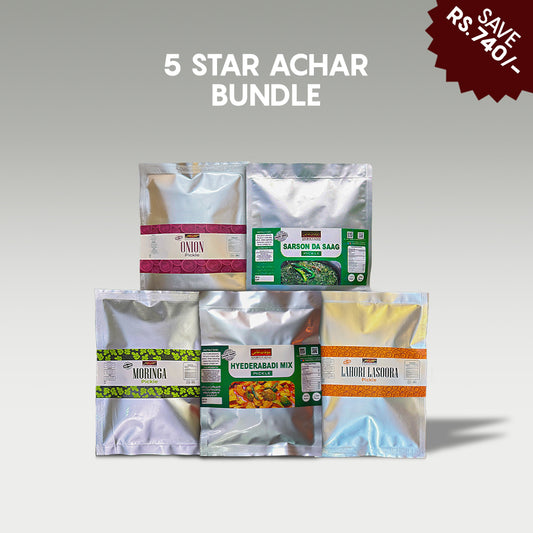 5-Star Achar Bundle | 5 x 400G Packs ( Sarson Da Saag Pickle+Lahori Lasoora Pickle+Onion Pickle+Moringa Pickle+Hyderabad Mix Pickle)