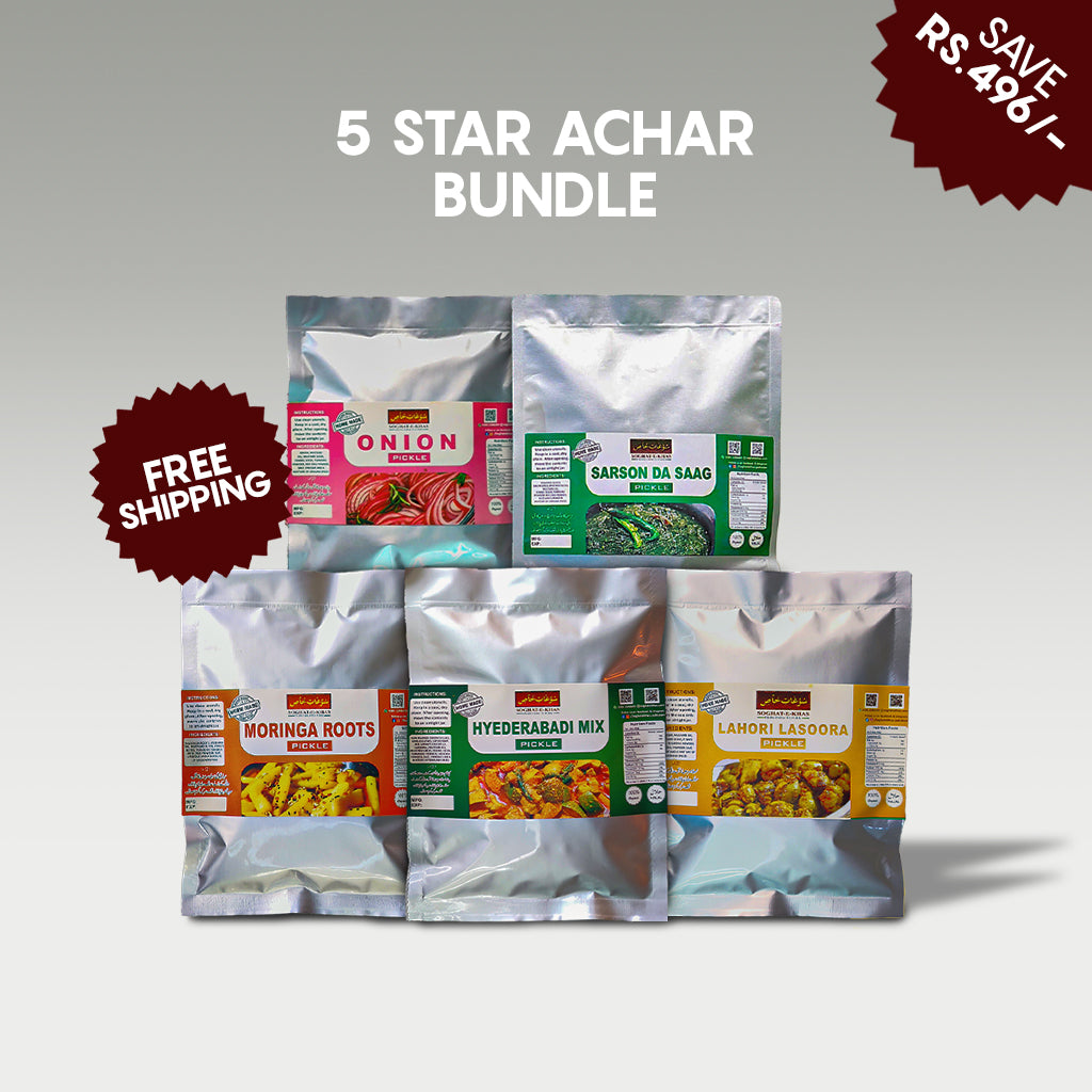 5-Star Achar Bundle | 5 x 400G Packs ( Sarson Da Saag Pickle+Lahori Lasoora Pickle+Onion Pickle+Moringa Pickle+Hyderabad Mix Pickle)