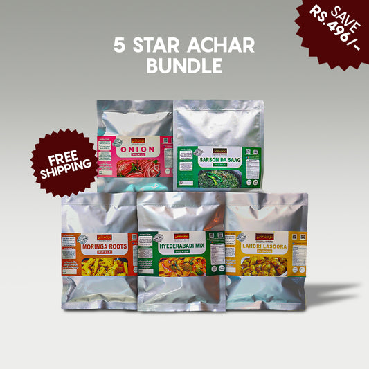 5-Star Achar Bundle | 5 x 400G Packs ( Sarson Da Saag Pickle+Lahori Lasoora Pickle+Onion Pickle+Moringa Pickle+Hyderabad Mix Pickle)