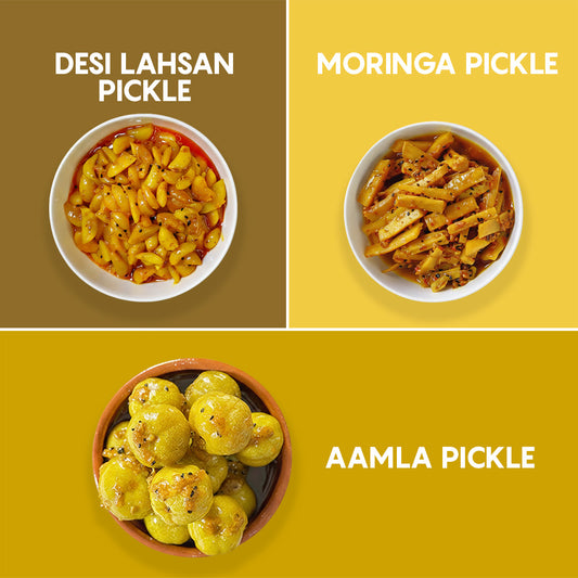 Sehat aur Swaad Bundle | Moringa Pickle,Desi Lahsan pickle & Amla Pickle